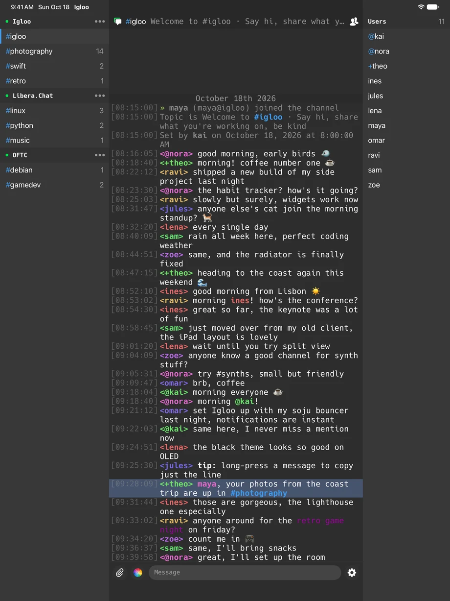 Igloo on iPad, with the network list, the #igloo channel and the nick list side by side